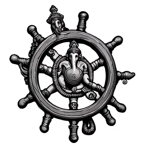 Ship Wheel With 8 Ganesha On Each Member Represented