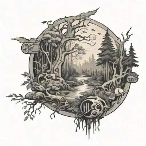 A Mystical Forest Landscape With Hidden Video Game References And Sports Symbols