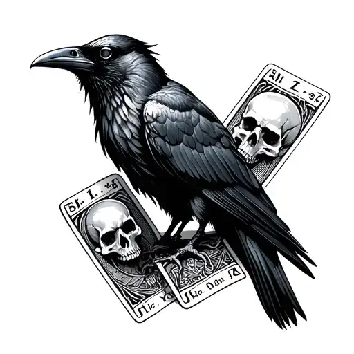 Raven With Skull And Tarot Cards