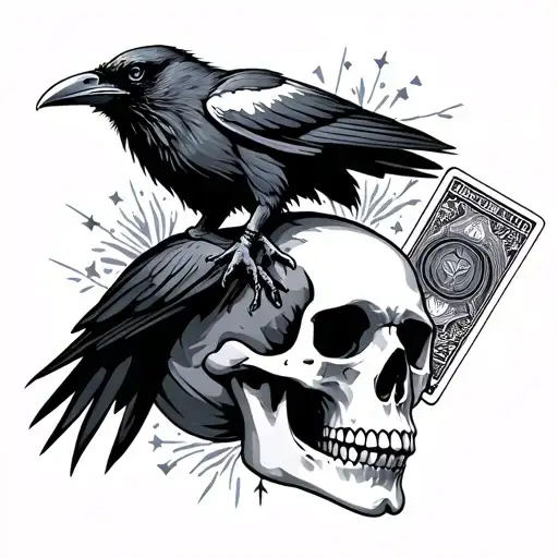 Raven On A Skull With Tarot Cards And Sparkles
