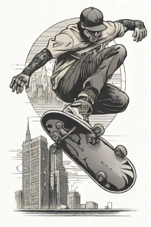 A Skateboarder Doing A Kickflip Over City Skyline