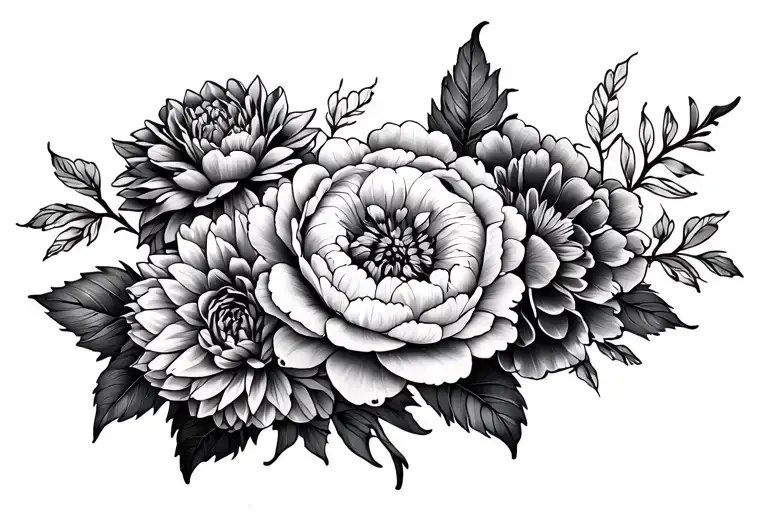 Peonies On Collarbone And Dahlias On The Shoulders