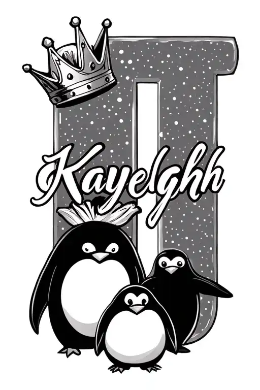 Letters Kayleigh With A Crown Above The I Instead Of A Dot And A Penguin Couple In The Background