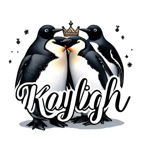 Letters Kayleigh With Small Couple Penguins Behind And Crown Above The I