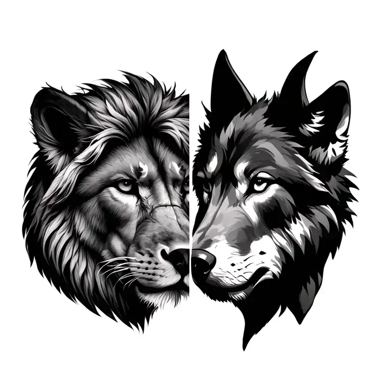 Lion And Wolf Half Face Left And Right Pec