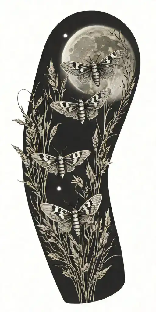 3 Colorful Moths In Front Of Grass And Full Moon Shining