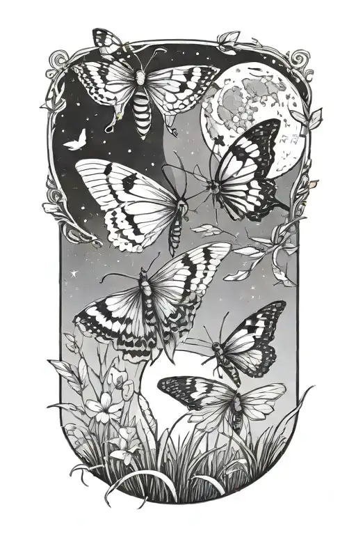 3 Colorful Moths In Front Of Grass And Full Moon Shining