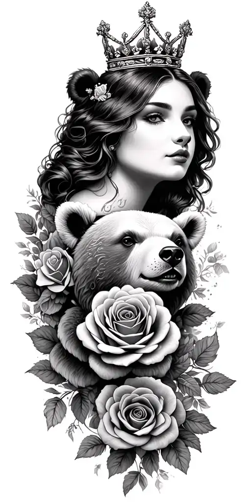 Women's Face Roses All Around And A Bear Wearing A Crown