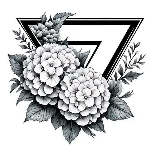 Triangle With Hydrangea And The Number 7 In Roman Numbers Using Thin Lines