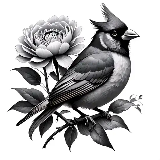 Cardinal With Peony Flowers
