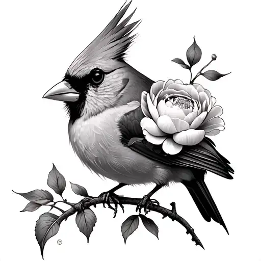 Cardinal With Peony Flower In Mouth