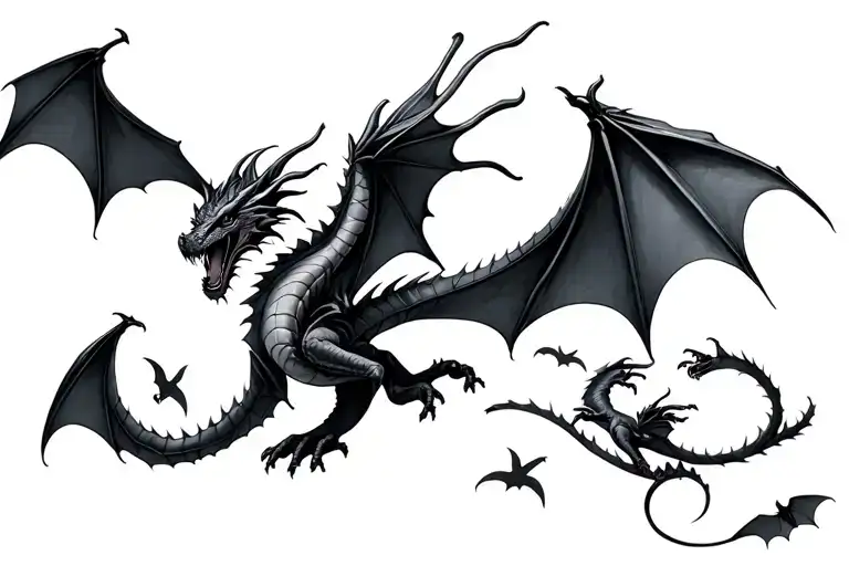 Dragon And Bats Flying Across