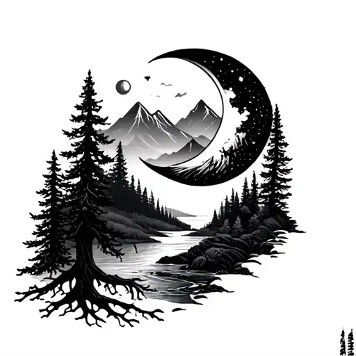 Crescent Moon And Mountains And Pine Trees And Creek And Tree Of Life With Long Roots