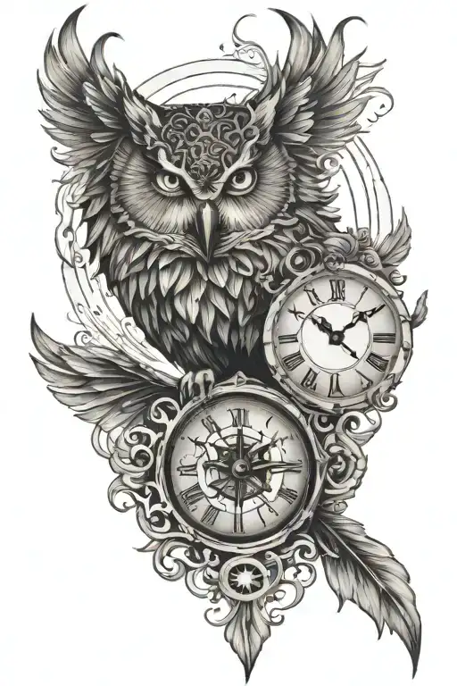 Wolf Owl Raven Phoenix With Time Clock And Aquarius