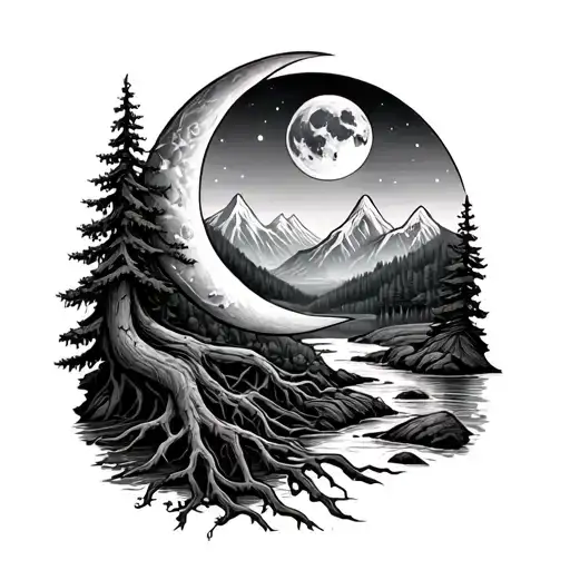 Crescent Moon And Mountains And Pine Trees And Creek And Yggdrasil With Long Roots