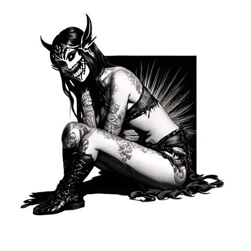 Oni Mask Tied Up Girl Sitting