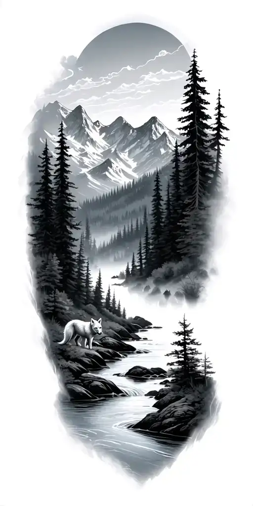 A River Winding Through A Forest Leading To Mountains With Wolf