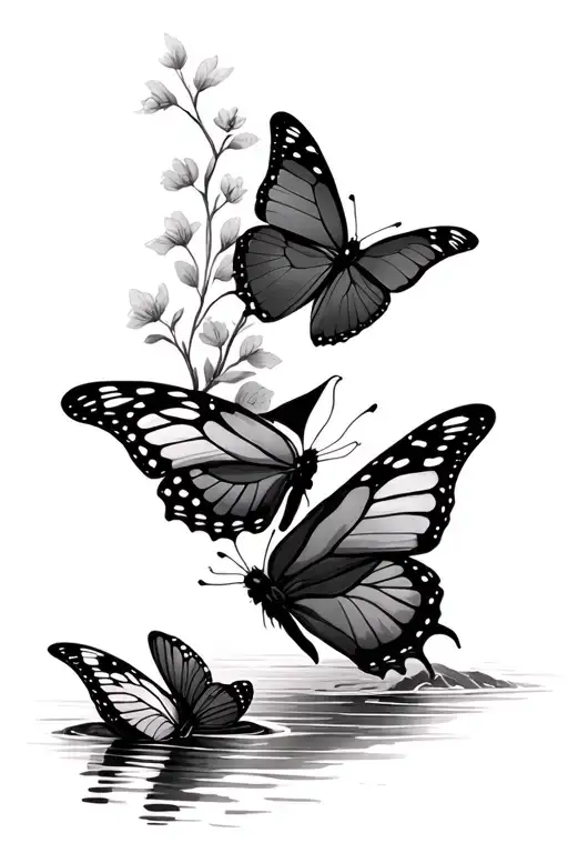 Japanese Butterlies Flying Next To A River Flowing