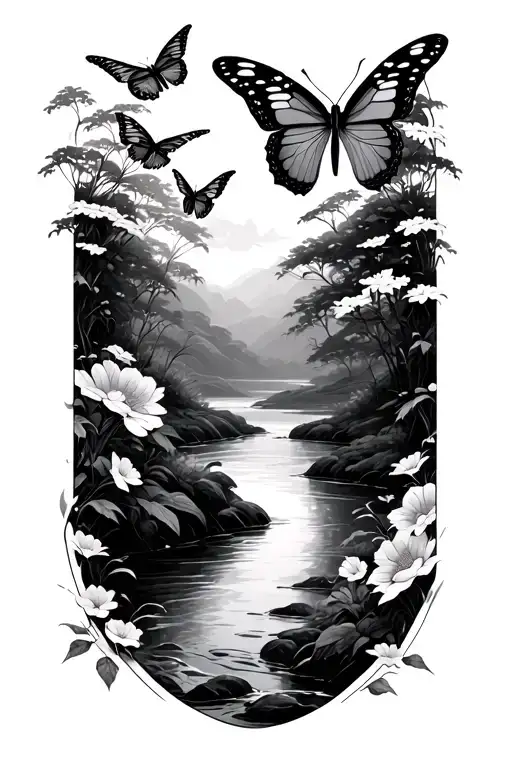Japanese Butterlies Flying Next To A River Flowing