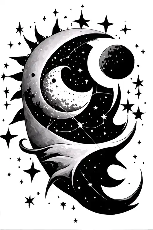 Cassiopeia Constellation With Sun And Moon Surrounded By Stars