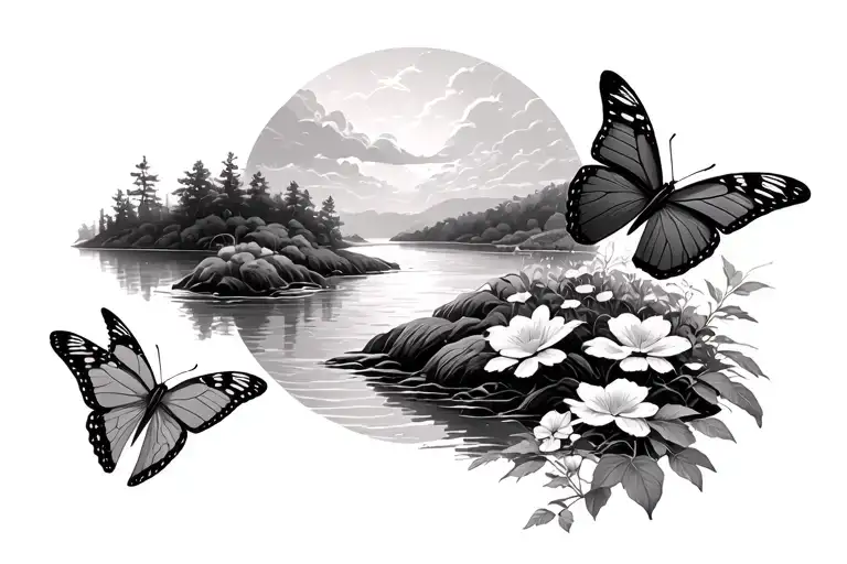 Japanese Butterlies Flying Next To A River Flowing