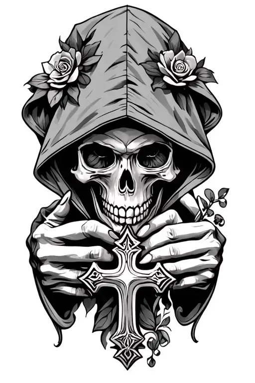 A Hooded Skull Holding A Pendant Cross