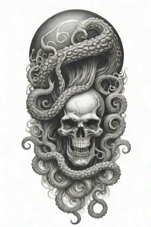 Create A Detailed Black-grey Tattoo Of A Kraken Engulfing A Skull With Tentacles
