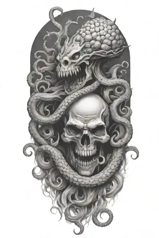 Create A Detailed Black-grey Tattoo Of A Kraken Engulfing A Skull With Tentacles