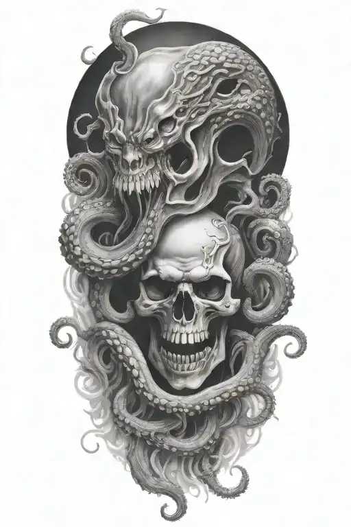 Create A Detailed Black-grey Tattoo Of A Kraken Engulfing A Skull With Tentacles
