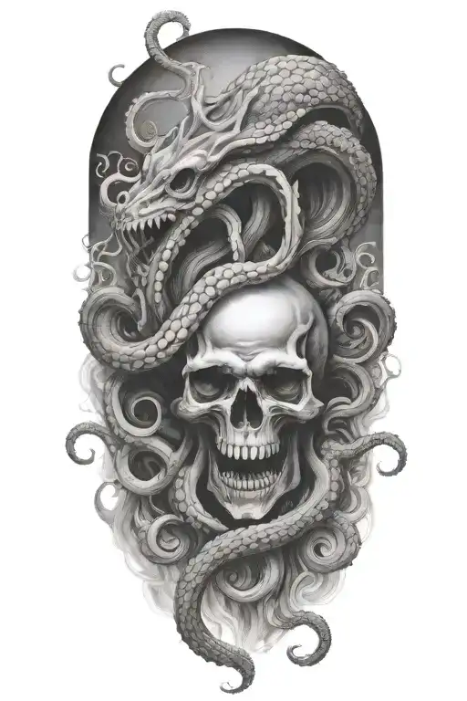 Create A Detailed Black-grey Tattoo Of A Kraken Engulfing A Skull With Tentacles