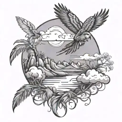 Nature And Feathers And Clouds And Desert And Ocean And Trees