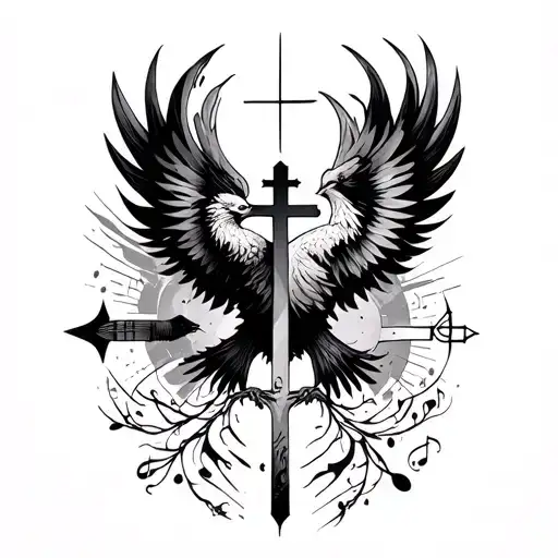 Minimalist Mix Tattoo Idea With Music And Cross And Phoenix Design For Inner Forearm
