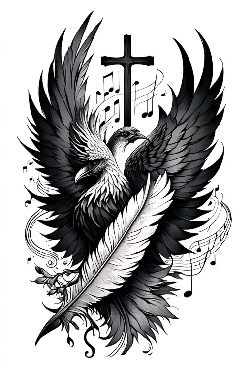 Minimalist Mix Tattoo Idea With Music And Cross And Phoenix Feather Design For Inner Forearm