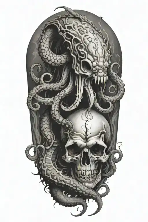 A Black And Grey Tattoo Of A Malevolent Kraken Overtaking A Skull With Its Massive Tentacles