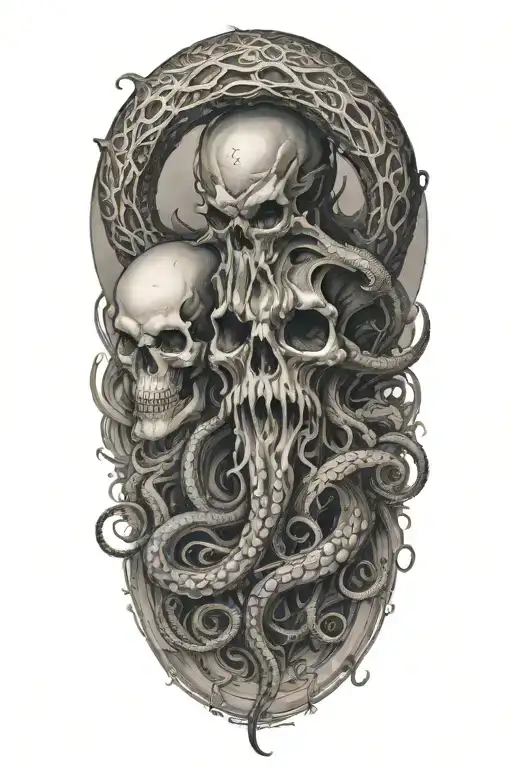 A Black And Grey Tattoo Of A Malevolent Kraken Overtaking A Skull With Its Massive Tentacles