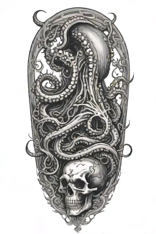 A Black And Grey Tattoo Of A Malevolent Kraken Overtaking A Skull With Its Massive Tentacles