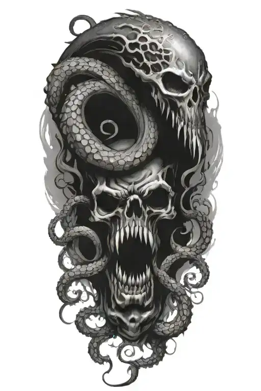 A Black And Grey Tattoo Of A Malevolent Kraken Overtaking A Skull With Its Massive Tentacles