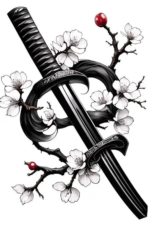 Katana And Cherry Blossom Branch