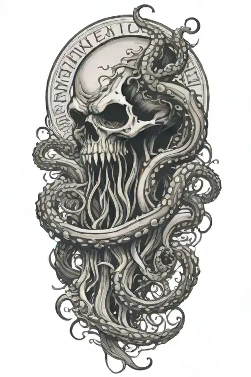 A Black And Grey Tattoo Of A Malevolent Kraken Overtaking A Skull With Its Massive Tentacles