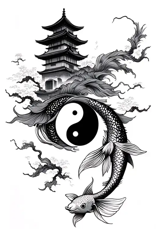 Japenese Tower With Koi Fish Yin Yang At Bottom Half Combined