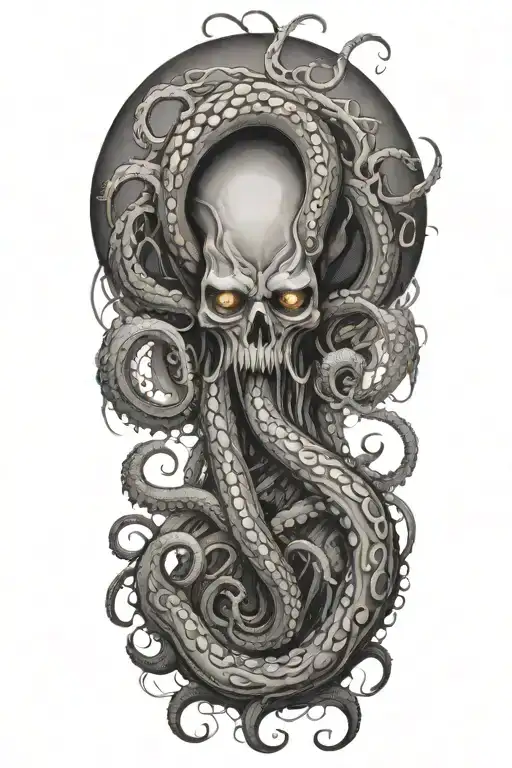 A Black And Grey Tattoo Of A Malevolent Kraken Overtaking A Skull With Its Massive Tentacles