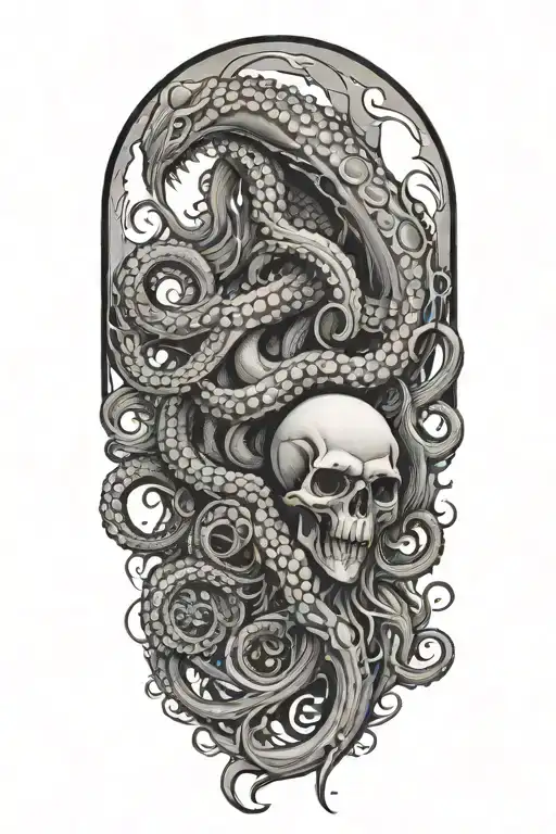 A Black And Grey Tattoo Of A Malevolent Kraken Overtaking A Skull With Its Massive Tentacles