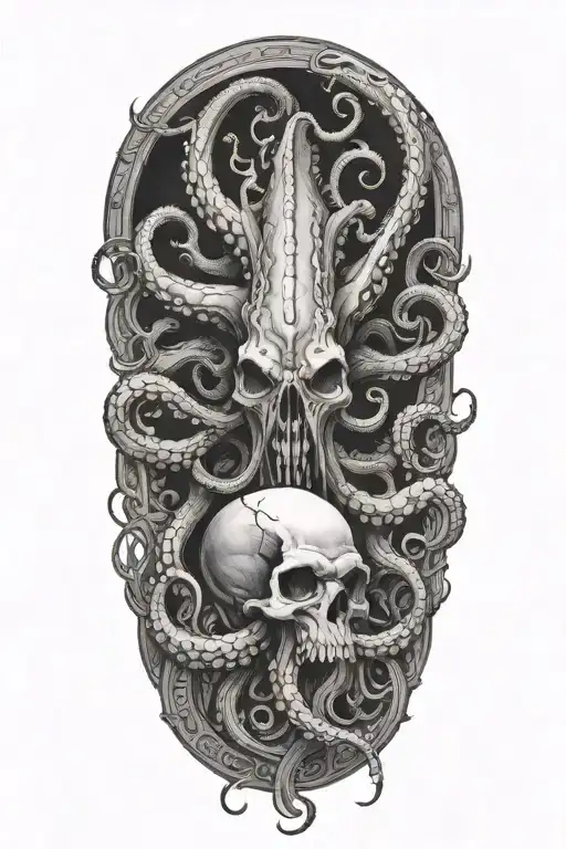 A Black And Grey Tattoo Of A Malevolent Kraken Overtaking A Skull With Its Massive Tentacles