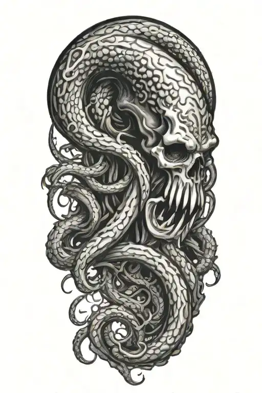 A Black And Grey Tattoo Of A Malevolent Kraken Overtaking A Skull With Its Massive Tentacles