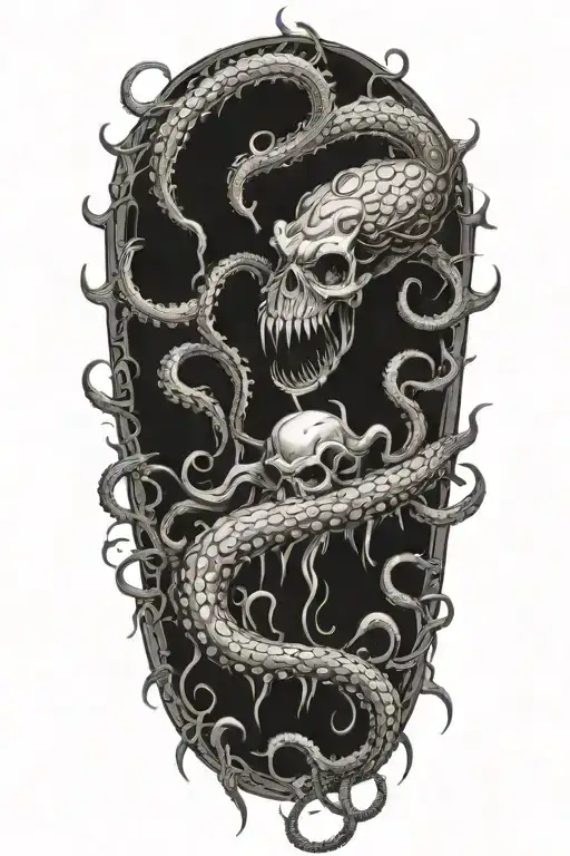 A Black And Grey Tattoo Of A Malevolent Kraken Overtaking A Skull With Its Massive Tentacles