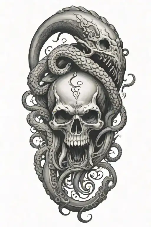 A Black And Grey Tattoo Of A Malevolent Kraken Overtaking A Skull With Its Massive Tentacles