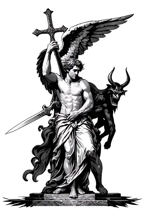 Male Angel Holding A Cross Sword To The Devil At The Gates On Heaven
