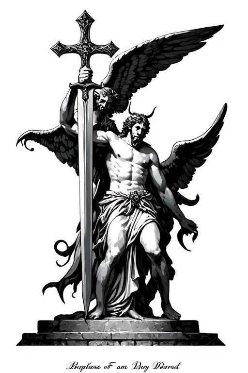 Male Angel Holding A Cross Sword To The Devil At The Gates On Heaven