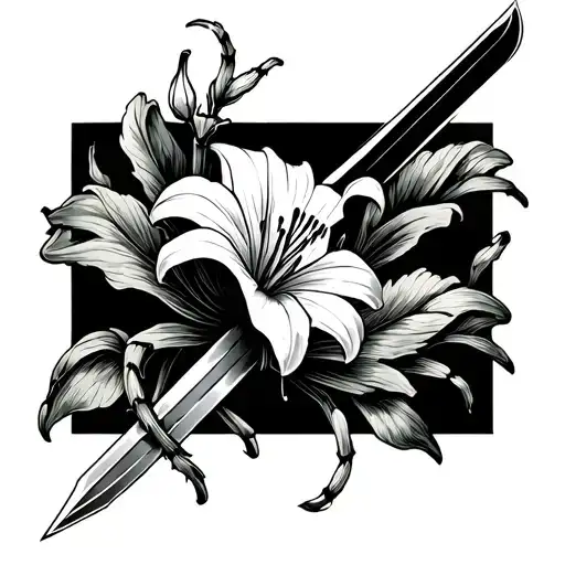 Spider With A Sword Through It And At The Tip Of The Sword Blooms A Sigle White Lily Flower