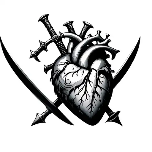 Realistic Heart With Three Swords Piercing Through From The Top Each Sword Has A Sudden Design